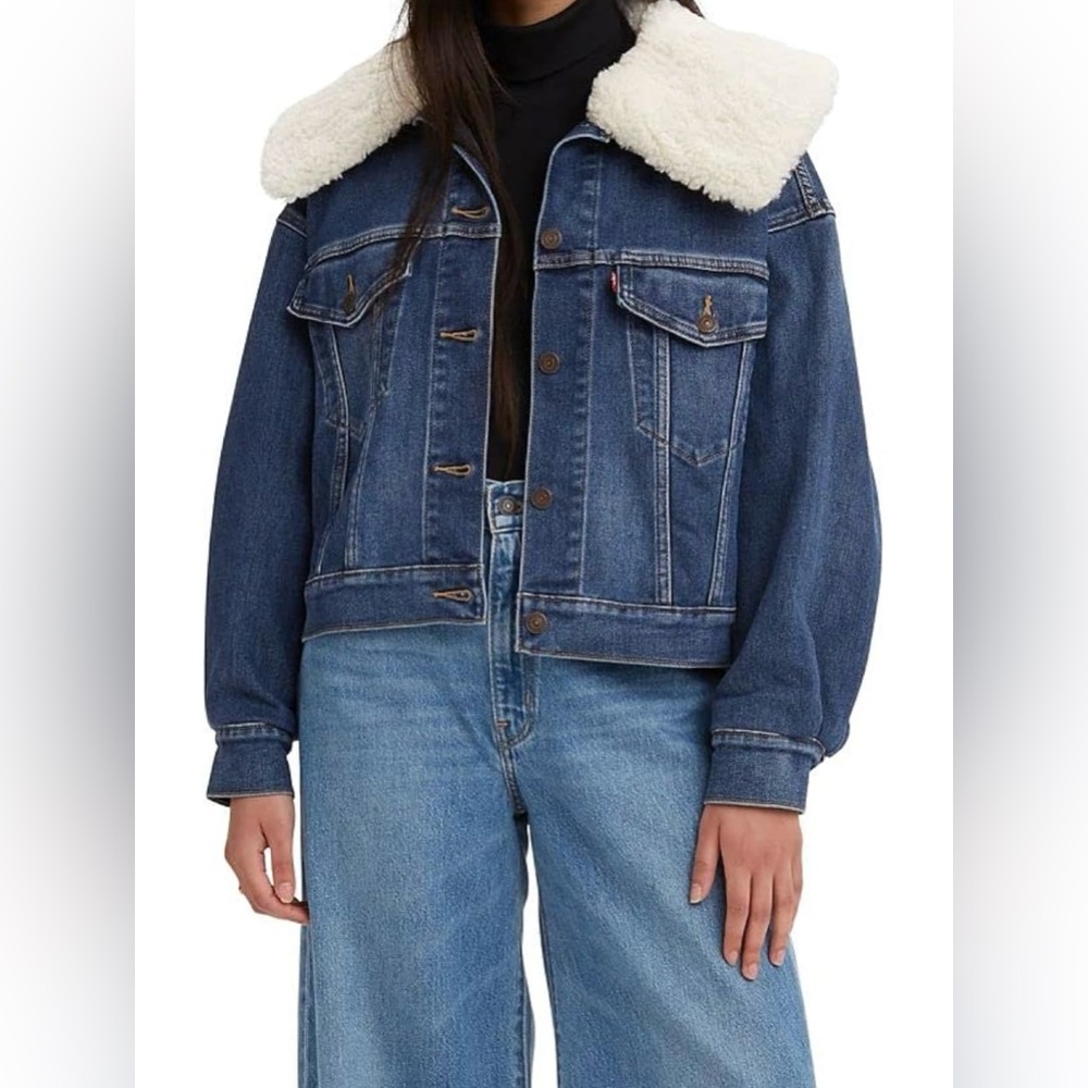 Levi's Women's Premium Warm Baby Bubble Trucker dark indigo SMALL EUC